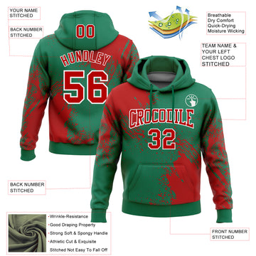 Custom Stitched Kelly Green Red-White 3D Pattern Design Abstract Brush Stroke Sports Pullover Sweatshirt Hoodie