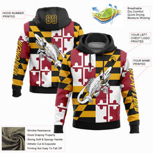 Load image into Gallery viewer, Custom Stitched Gold Black-Red 3D Maryland Flag And Fish Hook Skull Fishing Sports Pullover Sweatshirt Hoodie
