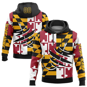 Custom Stitched Gold Black-Red 3D Maryland Flag And Fish Hook Fishing Sports Pullover Sweatshirt Hoodie