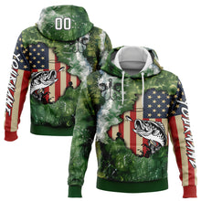 Load image into Gallery viewer, Custom Stitched Aurora Green White-Black 3D American Flag And Largemouth Bass Fish Fishing Sports Pullover Sweatshirt Hoodie
