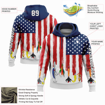 Custom Stitched White US Navy Blue Red-Black 3D American Flag And Fish Hook Fishing Bait Sports Pullover Sweatshirt Hoodie