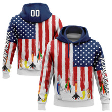 Load image into Gallery viewer, Custom Stitched White US Navy Blue Red-Black 3D American Flag And Fish Hook Fishing Bait Sports Pullover Sweatshirt Hoodie
