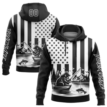 Custom Stitched Black White 3D American Flag And Fish Fishing Sports Pullover Sweatshirt Hoodie