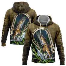 Load image into Gallery viewer, Custom Stitched Old Gold Black 3D Walleye Fish Fishing Sports Pullover Sweatshirt Hoodie
