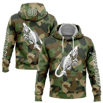 Custom Stitched Camo Olive-White 3D Fish Hook Skull Fishing Sports Pullover Sweatshirt Salute To Service Hoodie