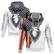 Load image into Gallery viewer, Custom Stitched White Navy 3D American Flag And Deer Hunting Sports Pullover Sweatshirt Hoodie
