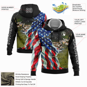 Custom Stitched Black White 3D American Flag And Duck Hunting Sports Pullover Sweatshirt Hoodie