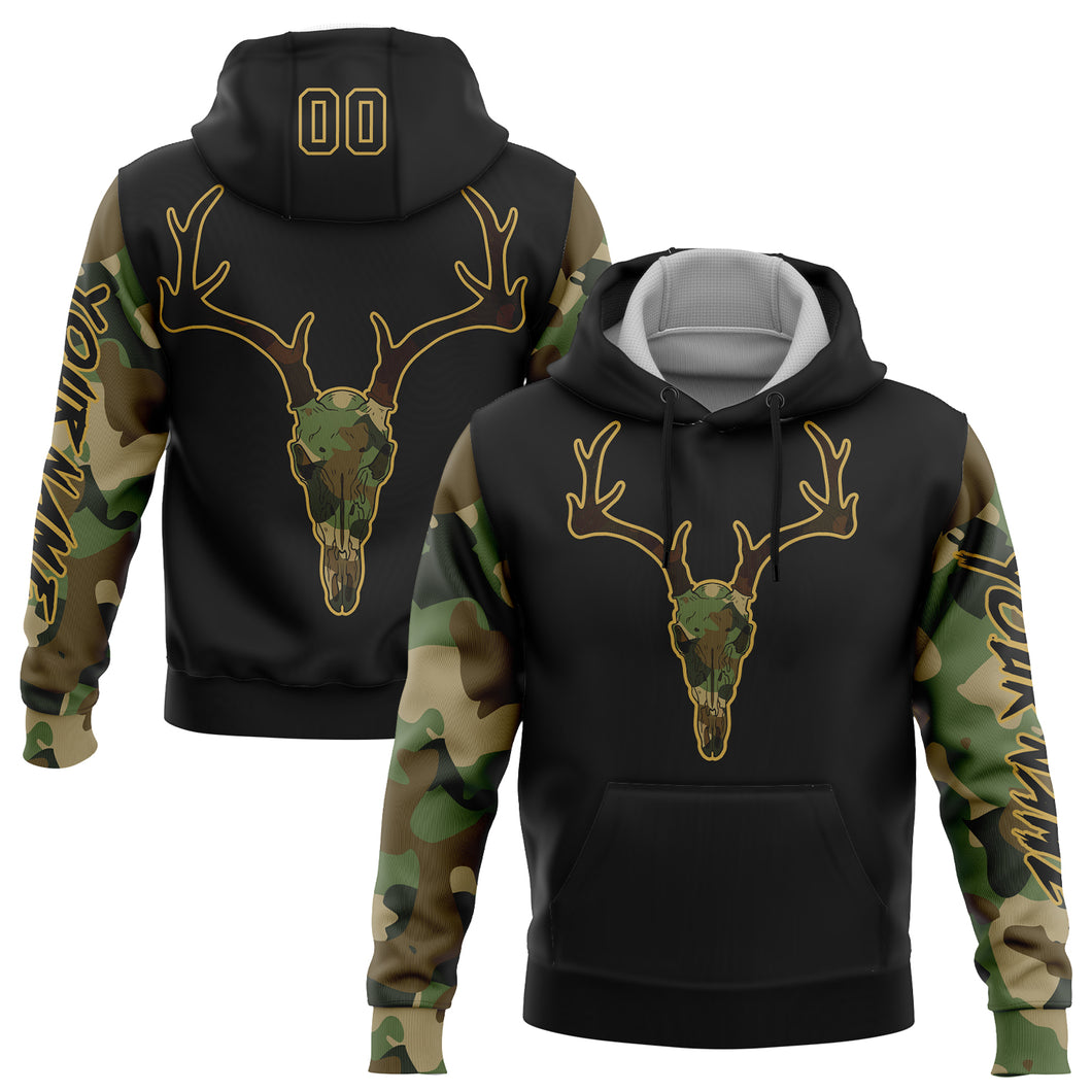 Custom Stitched Black Cmao-Old Gold 3D Deer Hunting Sports Pullover Sweatshirt Hoodie