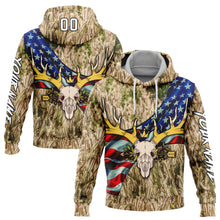 Load image into Gallery viewer, Custom Stitched City Cream White-Black 3D American Flag And Deer Skull Hunting Sports Pullover Sweatshirt Hoodie
