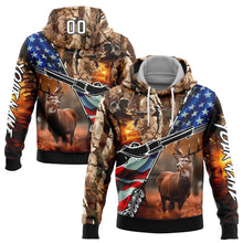 Load image into Gallery viewer, Custom Stitched Camo White-Black 3D American Flag And Hunting Tools Deer Hunting Sports Pullover Sweatshirt Hoodie
