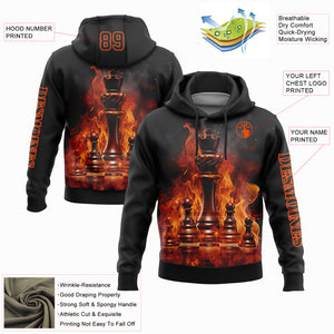 Custom Stitched Black Orange 3D Flame Chess International Chess Day Sports Pullover Sweatshirt Hoodie