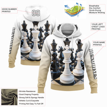 Custom Stitched White Vegas Gold-Black 3D Chess International Chess Day Sports Pullover Sweatshirt Hoodie