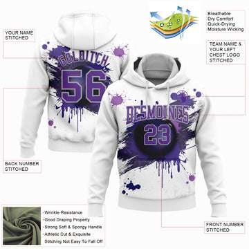 Custom Stitched White Purple-Gray 3D Dripping Splatter Bowling Ball Sports Pullover Sweatshirt Hoodie