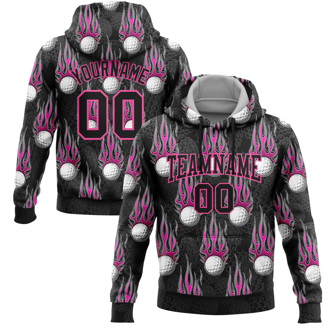 Custom Stitched Black Pink-White 3D Flame Golf Ball Sports Pullover Sweatshirt Hoodie