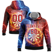 Load image into Gallery viewer, Custom Stitched Black Red-White 3D Lightning Flame Dart Board Sports Pullover Sweatshirt Hoodie
