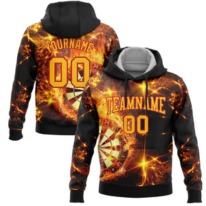 Custom Stitched Black Gold-Red 3D Flame Dart Board Sports Pullover Sweatshirt Hoodie