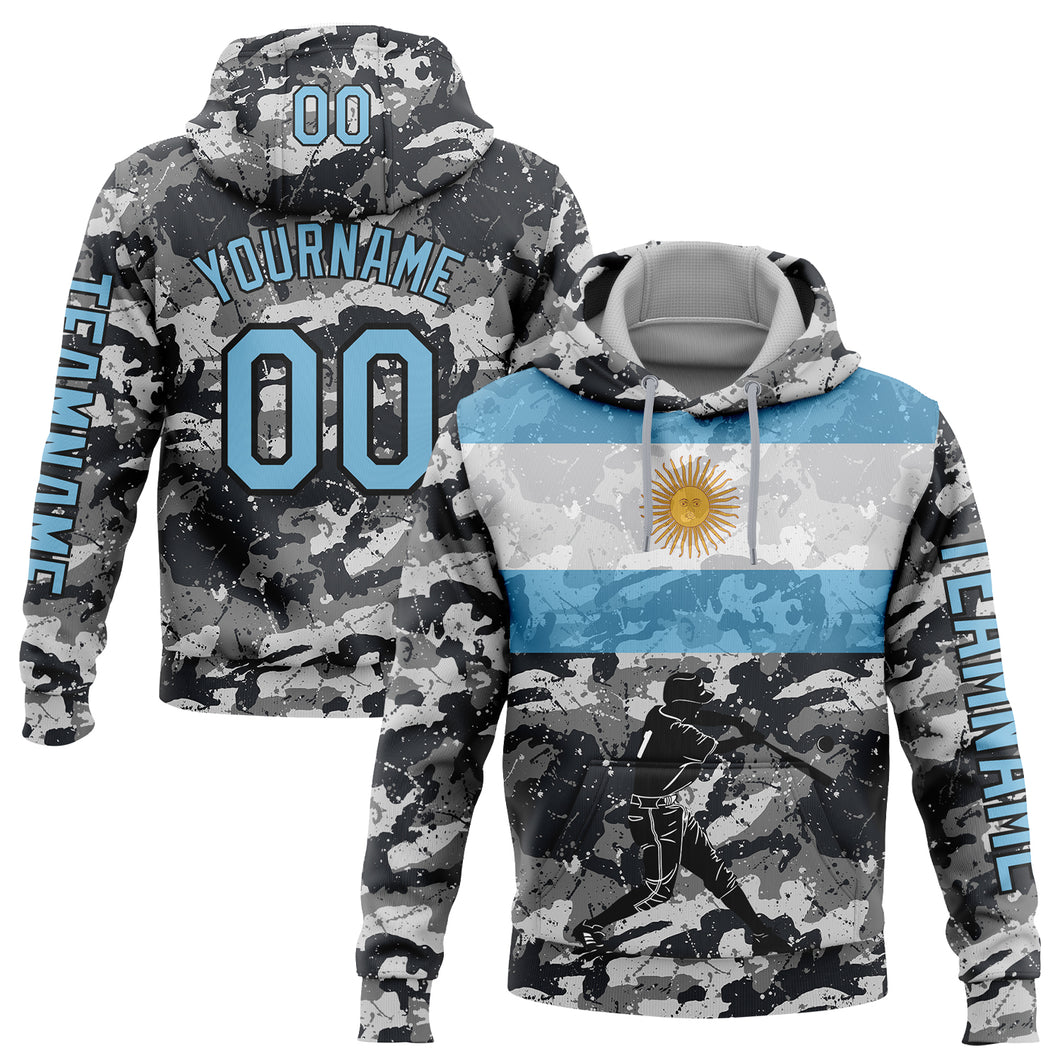 Custom Stitched Camo Light Blue-Black 3D Argentina Argentinian Flag Sports Pullover Sweatshirt Salute To Service Hoodie