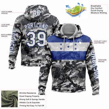 Custom Stitched Camo White-Royal 3D Honduras Honduran Flag Sports Pullover Sweatshirt Salute To Service Hoodie