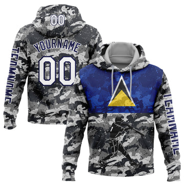 Custom Stitched Camo White-Navy 3D Saint Lucia Saint Lucian Flag Sports Pullover Sweatshirt Salute To Service Hoodie