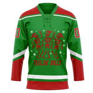 Custom Grass Green Red-White Funny Christmas 3D Hockey Lace Neck Jersey