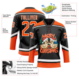 Custom Black Orange-White Funny Christmas 3D Hockey Lace Neck Jersey