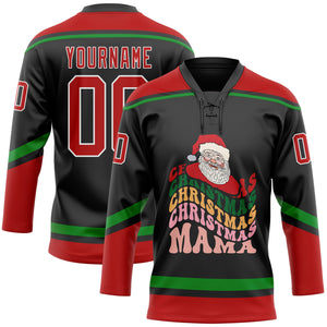 Custom Black Red-Grass Green Funny Christmas 3D Hockey Lace Neck Jersey