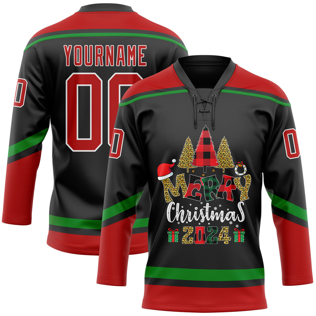 Custom Black Red-Grass Green Funny Christmas 3D Hockey Lace Neck Jersey