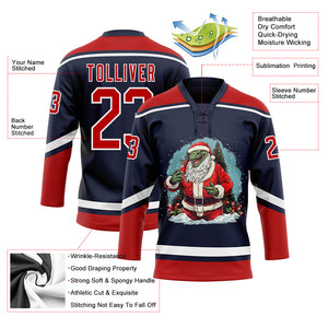 Custom Navy Red-White Funny Christmas 3D Hockey Lace Neck Jersey