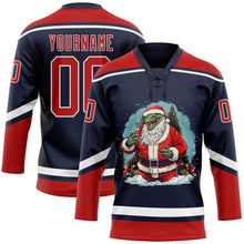 Load image into Gallery viewer, Custom Navy Red-White Funny Christmas 3D Hockey Lace Neck Jersey
