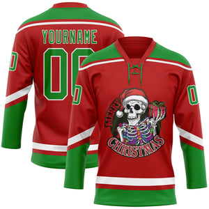 Custom Red Grass Green-White Funny Christmas 3D Hockey Lace Neck Jersey