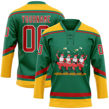 Load image into Gallery viewer, Custom Kelly Green Red-Gold Funny Christmas 3D Hockey Lace Neck Jersey
