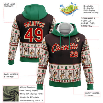 Custom Stitched Brown Red Cream-Kelly Green Christmas 3D Sports Pullover Sweatshirt Hoodie