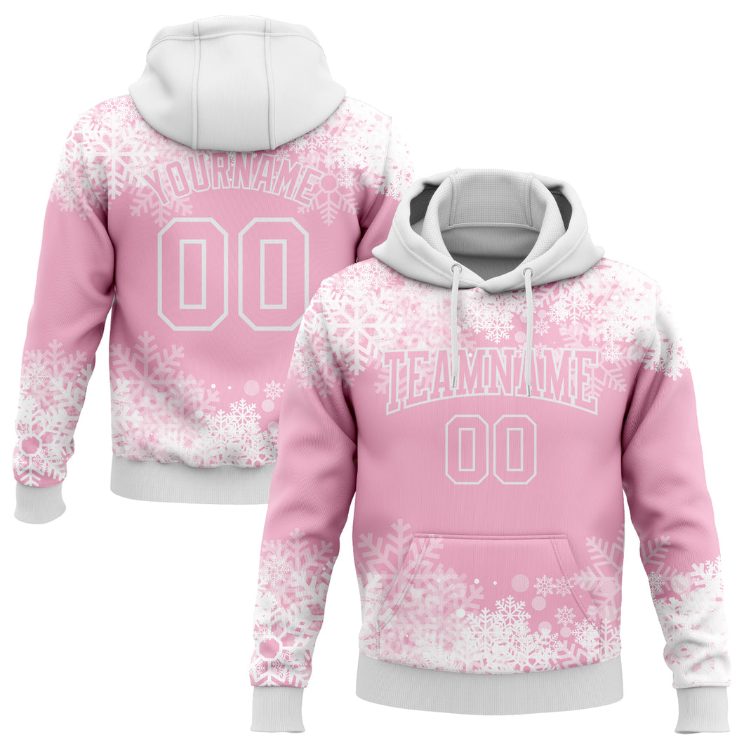 Custom Stitched Light Pink White Christmas Snowflakes 3D Sports Pullover Sweatshirt Hoodie