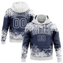 Load image into Gallery viewer, Custom Stitched Navy White Christmas Snowflakes 3D Sports Pullover Sweatshirt Hoodie
