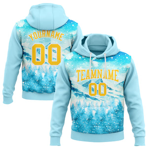 Custom Stitched Lakes Blue Yellow-White Christmas Snowflakes 3D Sports Pullover Sweatshirt Hoodie