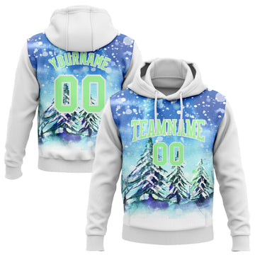 Custom Stitched White Pea Green Christmas Snowflakes 3D Sports Pullover Sweatshirt Hoodie