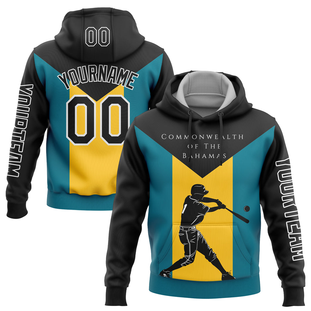 Custom Stitched Black Teal-Gold 3D Bahamas Bahamian Flag Sports Pullover Sweatshirt Hoodie