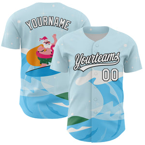 Custom Light Blue White-Black 3D Funny Christmas Authentic Baseball Jersey