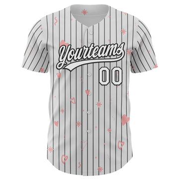 Custom White Black Pinstripe Black 3D Love Heart Valentine's Day Authentic Baseball Jersey