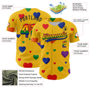 Custom Yellow Rainbow-Black 3D Love Heart Valentine's Day Authentic Baseball Jersey