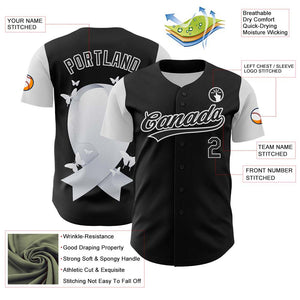 Custom Black White 3D Lung Cancer Ribbon Authentic Baseball Jersey