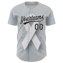 Load image into Gallery viewer, Custom Gray Black White 3D Lung Cancer Ribbon Authentic Baseball Jersey
