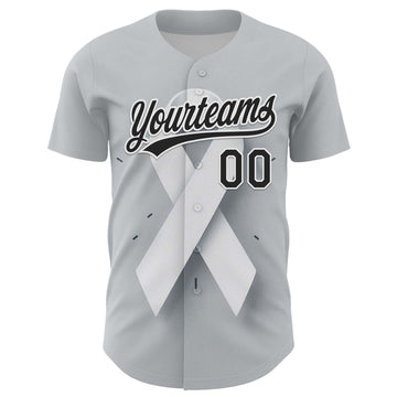 Custom Gray Black White 3D Lung Cancer Ribbon Authentic Baseball Jersey