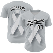 Load image into Gallery viewer, Custom Gray Black White 3D Lung Cancer Ribbon Authentic Baseball Jersey
