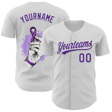 Load image into Gallery viewer, Custom White Purple 3D Pancreatic Cancer Ribbon Authentic Baseball Jersey
