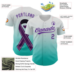 Custom White Purple-Aqua 3D Testicular Cancer Ribbon Authentic Baseball Jersey