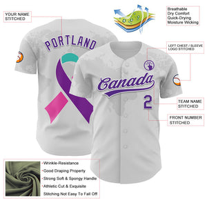 Custom White Purple 3D Thyroid Cancer Ribbon Authentic Baseball Jersey