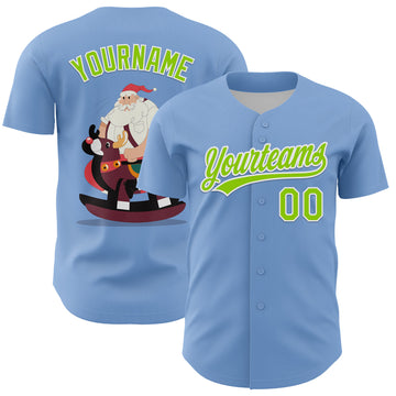 Custom Light Blue Neon Green-White 3D Funny Christmas Authentic Baseball Jersey