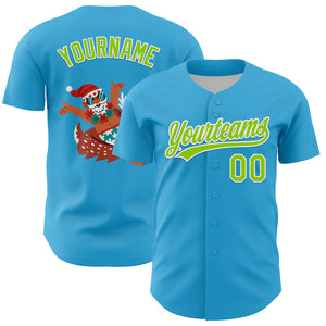 Custom Sky Blue Neon Green-White 3D Funny Christmas Authentic Baseball Jersey