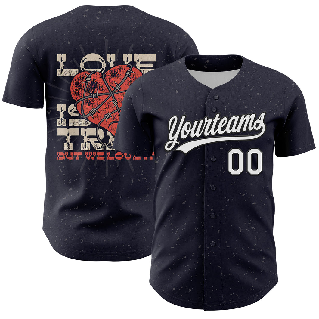 Custom Navy White-Black 3D Love Heart Valentine's Day Authentic Baseball Jersey